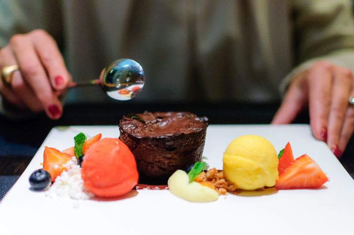 Chocolate souffle with strawberry and pineapple sorbet