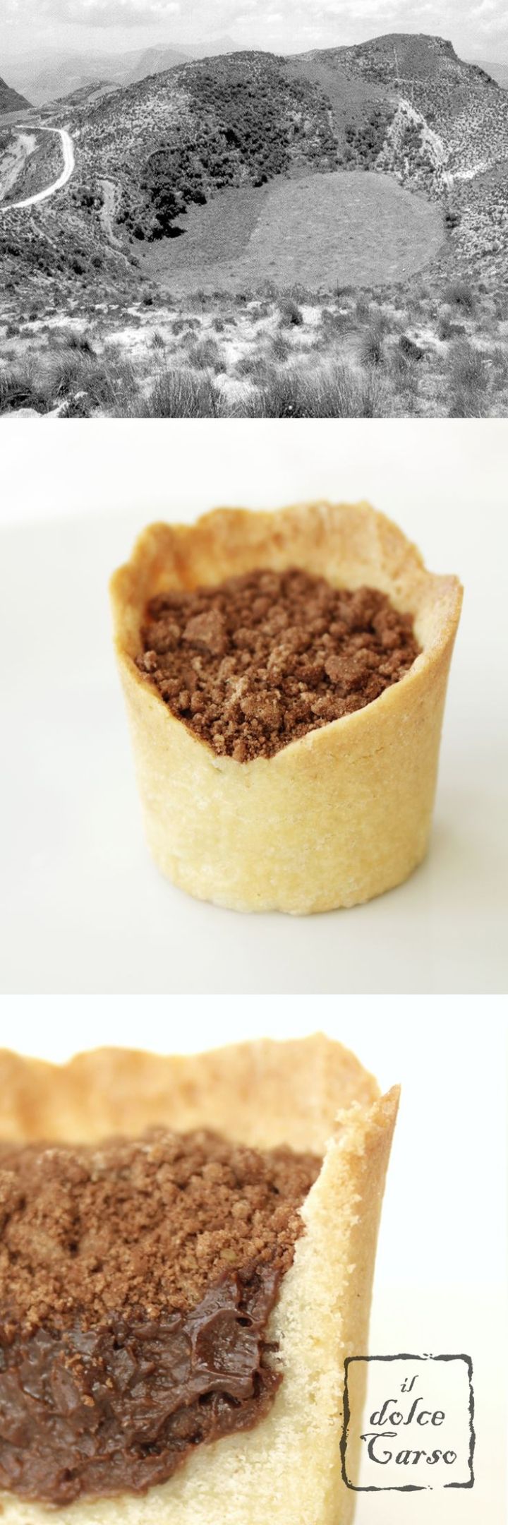 La dolina carsica in un biscotto con crema al cioccolato e biscotti sbriciolati come zolle di terra rossa